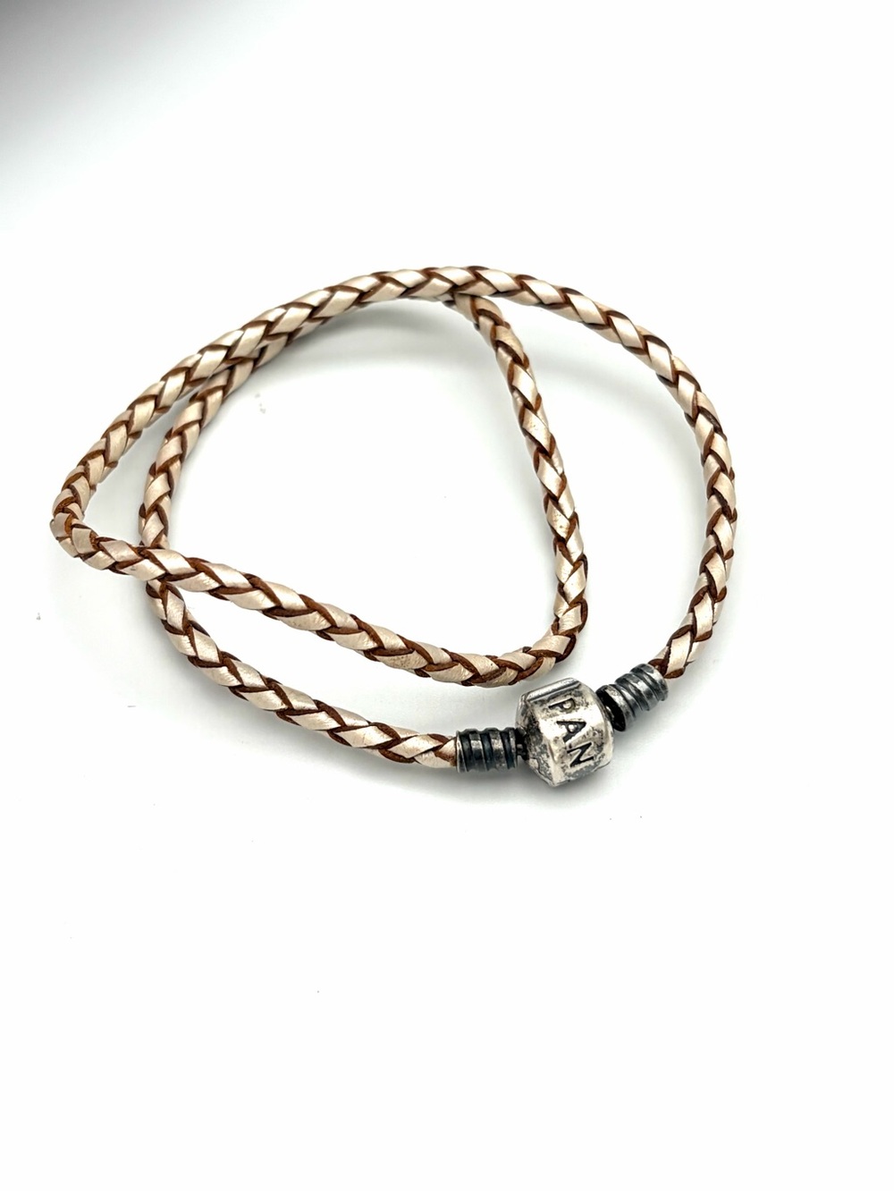 Pandora Braided Leather Wrap Bracelet with Silver Bead- Tan and Brown